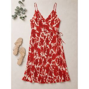 H&M Pleated Wrapover Micro Pleat Dress XL NWT Orange Red White Tropical